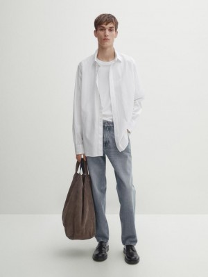 Massimo Dutti Pinstriped Poplin Men Shirts White | US-YE1234890