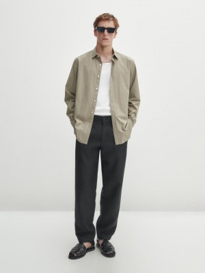 Massimo Dutti Pinstriped Poplin Men Shirts Khaki | US-TN5269713