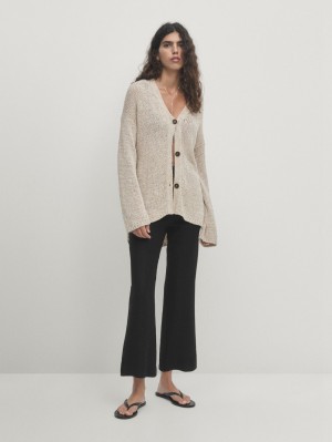 Massimo Dutti Plain Knit Button-up Women Cardigan Beige | US-SB0635719