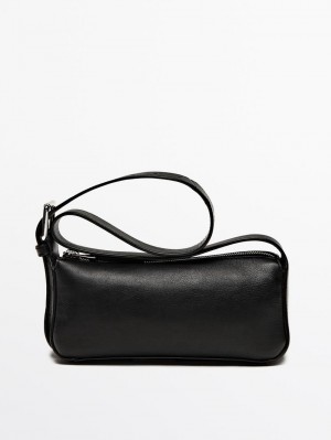 Massimo Dutti Plain Mini Leather Women Shoulder Bag Black | US-WI8612095