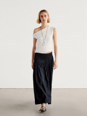 Massimo Dutti Pleated Denim Midi With Yoke Women Skirts Dark Blue | US-PW3824075