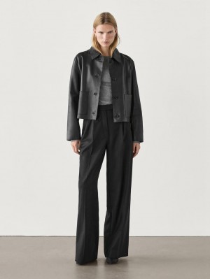 Massimo Dutti Pleated Flannel Women Trousers Black | US-ND7160952