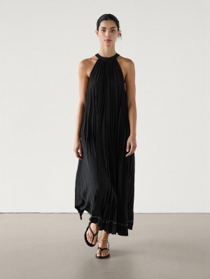 Massimo Dutti Pleated Halter Midi Women Dress Black | US-OT8435067