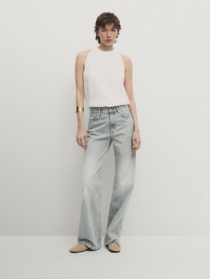 Massimo Dutti Pleated Halter With Elasticated Hem Women Top Cream | US-ST5864201