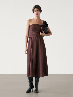 Massimo Dutti Pleated Midi Women Dress Burgundy | US-ZK1504362
