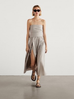 Massimo Dutti Pleated Midi Women Dress Cream | US-GW7426309