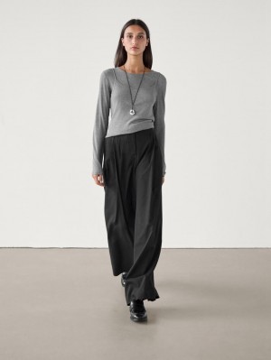 Massimo Dutti Pleated Palazzo Women Trousers Black | US-CG6970854