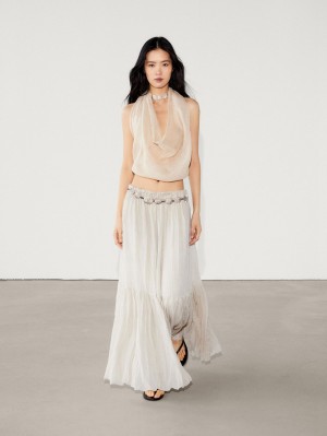 Massimo Dutti Pleated Ramie Blend Maxi Women Skirts Cream | US-YT7108423