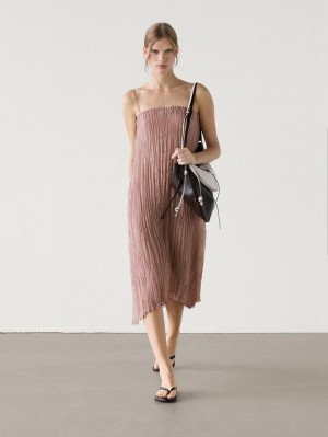 Massimo Dutti Pleated Strappy Midi Women Dress Pink | US-IO0572836
