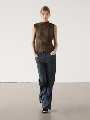 Massimo Dutti Pleated With Funnel Neck Women Top Dark Brown | US-QB3981674