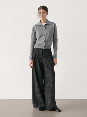 Massimo Dutti Pleated Wool Blend Palazzo Women Trousers Dark Grey | US-GW6092841
