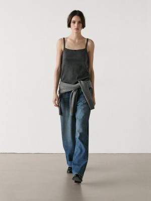 Massimo Dutti Pointelle With Bow Detail Women Top Dark Grey | US-HR4521369
