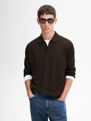 Massimo Dutti Polo Collar In Merino Wool Men Sweater Dark Khaki | US-YD5370619
