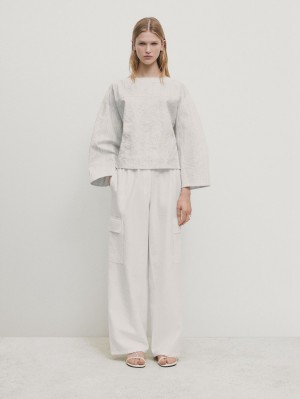 Massimo Dutti Poplin Cargo With Elasticated Waistband Women Trousers White | US-XP4856173