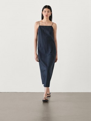Massimo Dutti Poplin Midi With Straps Women Dress Dark Blue | US-SF4653092
