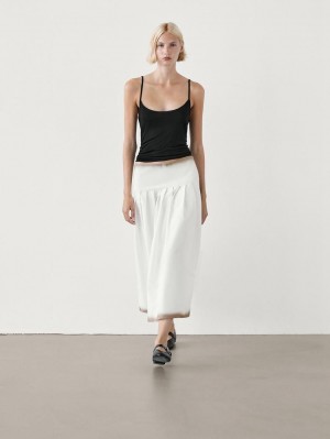 Massimo Dutti Printed Pleated Midi With Yoke Detail Women Skirts White | US-KE6350749