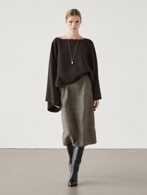 Massimo Dutti Printed Pleated Midi Women Skirts Dark Brown | US-MS6098752