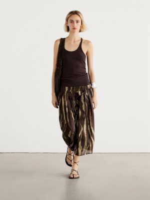 Massimo Dutti Printed Pleated Ramie Blend Women Skirts Dark Brown / Green | US-EI8067243