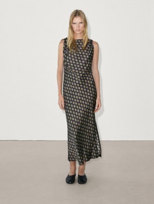 Massimo Dutti Printed Satin Midi Women Dress Navy / Brown | US-KD5039248