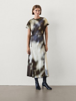 Massimo Dutti Printed Satin Midi Women Dress Navy / Cream / Dark Brown | US-GL4256931