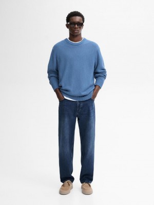 Massimo Dutti Purl Knit Cotton Men Sweater Blue | US-YO0346578