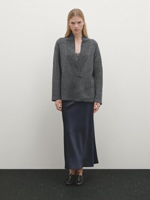 Massimo Dutti Purl Knit Scoop Neck Women Sweater Grey | US-SK9026145