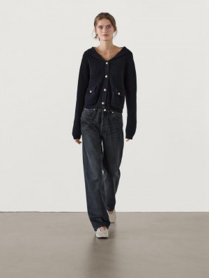 Massimo Dutti Purl Knit With Gold Buttons Women Cardigan Navy | US-CA6420915