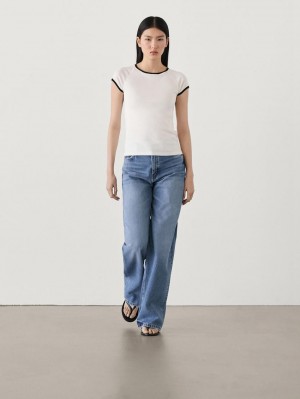 Massimo Dutti Raglan Sleeve With Contrast Piping Women T-Shirt Cream | US-QL1647902