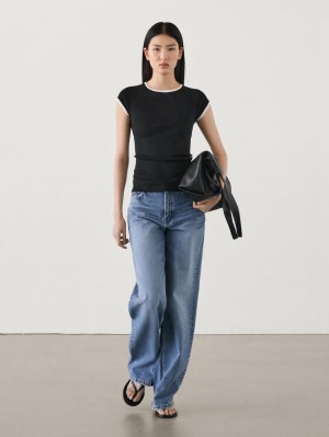 Massimo Dutti Raglan Sleeve With Contrast Piping Women T-Shirt Black | US-ND0532497