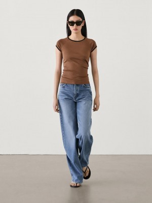 Massimo Dutti Raglan Sleeve With Contrast Piping Women T-Shirt Brown | US-VA6502849