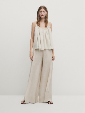 Massimo Dutti Ramie Voluminous Gathered Women Top Cream | US-LZ1756249