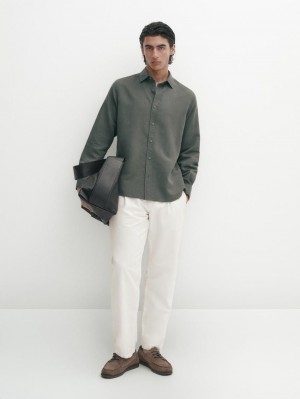 Massimo Dutti Regular Fit Cotton And Linen Blend Twill Men Shirts Green | US-FO6847209