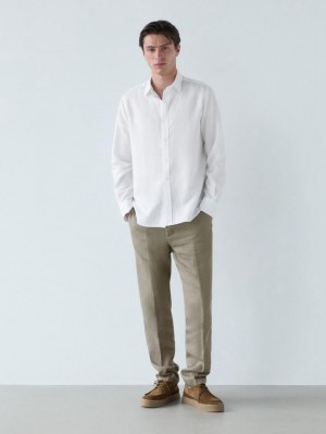 Massimo Dutti Regular Fit Cotton And Linen Blend Twill Men Shirts White | US-MB3871659