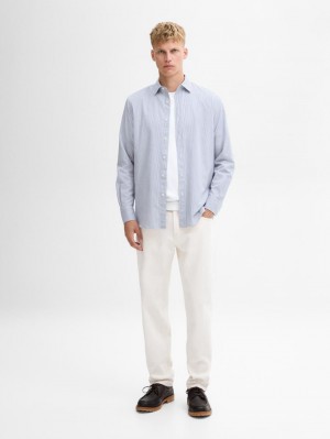 Massimo Dutti Regular Fit Striped Cotton Men Shirts Blue / White | US-SA2831479