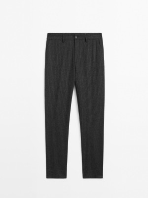 Massimo Dutti Regular Fit Striped Flannel Men Trousers Dark Grey | US-QY8402719