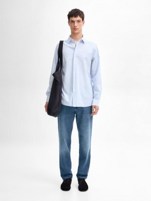 Massimo Dutti Regular Fit Striped With Fabric Detail Men Shirts Light Blue | US-SG1702385
