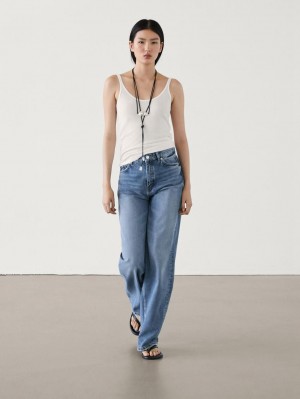Massimo Dutti Relaxed Fit Wide-leg Mid-rise Women Jeans Blue | US-TI9164258
