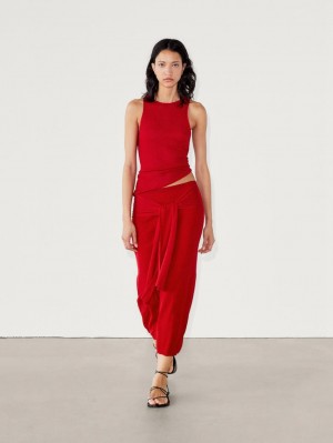 Massimo Dutti Ribbed Co-ord With Tie Detail Women Skirts Red | US-DZ9502764