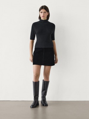 Massimo Dutti Ribbed Cotton Blend Knit Women Sweater Black | US-MB8052934