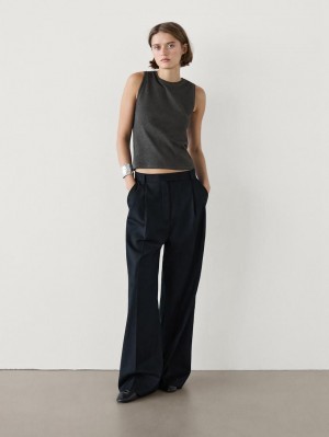 Massimo Dutti Ribbed Cotton Blend Women T-Shirt Dark Grey | US-BS6798401
