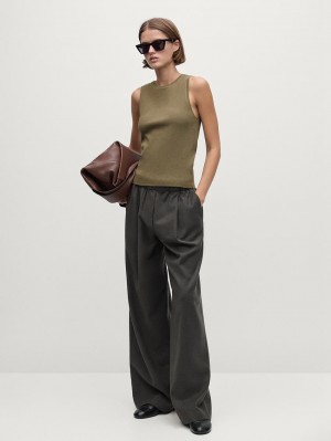 Massimo Dutti Ribbed Cotton Blend Women T-Shirt Olive | US-ZQ6912483