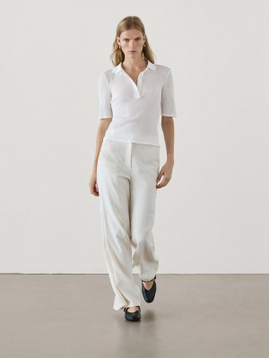 Massimo Dutti Ribbed Cotton Polo Shirt Women T-Shirt White | US-DZ6835971