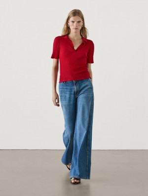 Massimo Dutti Ribbed Cotton Polo Shirt Women T-Shirt Red | US-VP2104397