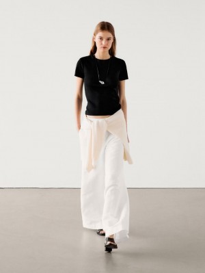 Massimo Dutti Ribbed Cotton Short Sleeve Women T-Shirt Black | US-MC6097182