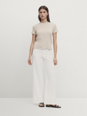 Massimo Dutti Ribbed Cotton Short Sleeve Women T-Shirt Beige | US-DM9405281