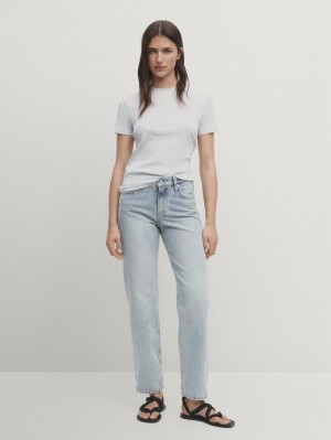 Massimo Dutti Ribbed Cotton Short Sleeve Women T-Shirt Grey | US-MZ0178495