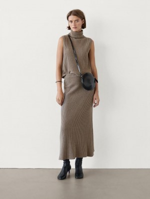 Massimo Dutti Ribbed Flared Midi Women Skirts Light Brown | US-AH8054917