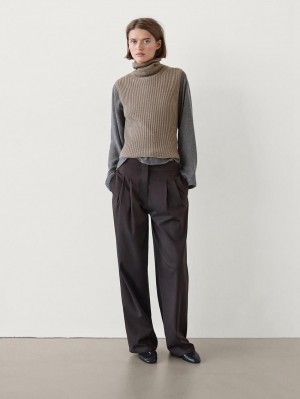 Massimo Dutti Ribbed High Neck Women Top Brown | US-VR9470623