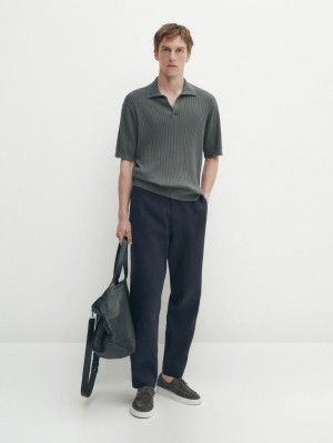 Massimo Dutti Ribbed Knit Cotton And Linen Blend Men Polo Shirt Dark Green | US-SC1362594