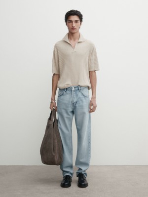Massimo Dutti Ribbed Knit Cotton And Linen Blend Men Polo Shirt Light Beige | US-MO5173842